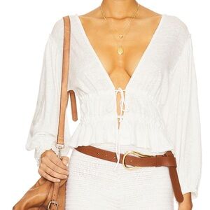 Free People Top Medium Let’s Go Blouse In Ivory Linen Blend Boho Cottagecore